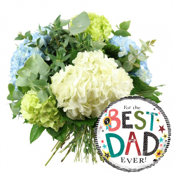 This image presents a joyful, Father's Day-inspired floral gift, composed of a hydrangea bouquet and a coordinating balloon, both displayed against a bright, uncluttered white background. In the upper left and central area, a full, rounded mound of hydrangeas is carefully arranged to look abundant yet soft. The most prominent blooms are creamy white hydrangeas, their petals tightly layered to form large, spherical heads that resemble soft, textured cushions. Interspersed between them, especially towards the left and slightly behind, are light blue hydrangeas, bringing a tranquil, cooling note that evokes the gentle, open skies seen over Cranford's residential streets on a clear afternoon. Tucked near the base and right side, lime green hydrangeas provide a lively contrast, their fresh, citrus-toned colour echoing the greenery around Cranford Park and local gardens. Sprigs of silvery eucalyptus and darker green foliage weave through the blooms, adding movement, depth, and a hint of herbal sharpness that you can almost imagine catching on the air. The bouquet's green stems are visible at the bottom, gathered and tied as a hand-tied bunch, giving the impression of a gift just prepared by an attentive local florist. Overlapping the lower right portion of the flowers is a round foil balloon with a glossy finish. Its central white panel is framed by classic black and white stripes at the top and bottom, drawing the eye to the message, For the BEST DAD EVER! The words BEST and DAD stand out in large, colourful letters with stripes, polka dots, and solid shades of red, teal, and green. Around them dance playful stars and dots in yellow, teal, red, and black, with a small No. 1 rosette badge emphasising the pride behind the gift-a perfect representation of a loving Father's Day delivery within Cranford.