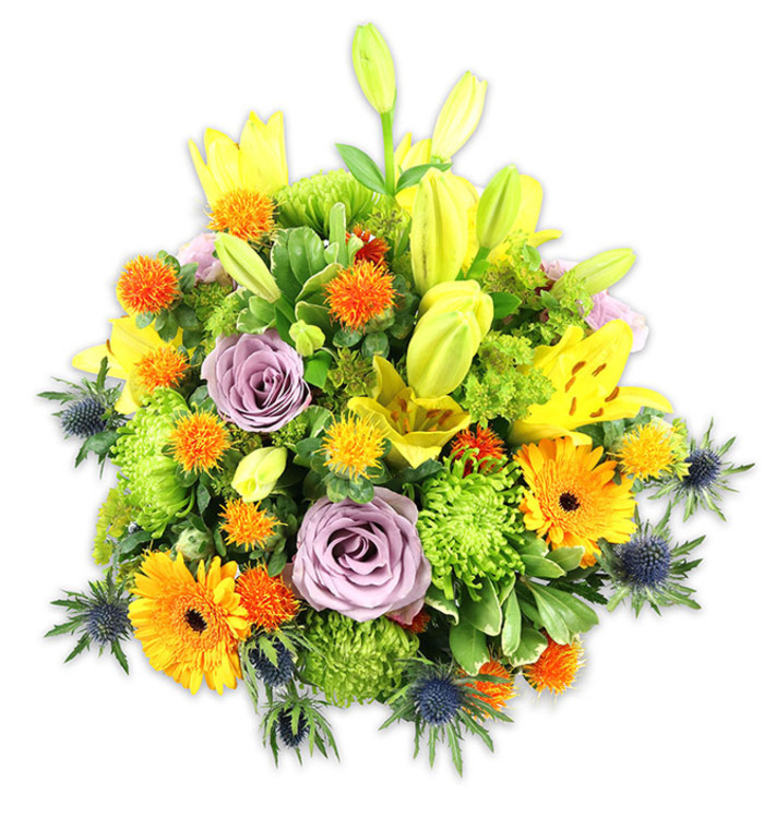 Presented against a crisp white background, this densely packed floral arrangement blends warm sunlight shades with cooler, textural accents-like a still life inspired by a walk along the River Crane at dawn. Several yellow Asiatic lilies provide height and drama; some are fully unfurled with freckled petals and visible stamens, while others remain as poised buds that suggest growth and anticipation. Two soft lavender roses serve as a calming focal point, their spiralled petals offering a quiet sophistication amid the exuberant colours. Bold orange Gerbera daisies fan their petals outwards, each dark-centred bloom acting as a cheerful sunburst, and chartreuse-green button chrysanthemums contribute a ruffled, almost mossy mass that gives the bouquet fullness. Scattered orange and golden spherical accents introduce lively, spiky texture, contrasting with the smoother rose and lily petals. Striking blue-grey sea thistles (Eryngium) emerge along the sides and lower reaches of the arrangement, their star-like bracts lending an architectural, slightly maritime coolness that plays beautifully against the warm palette. A selection of glossy and matt greens - broad lily leaves and smaller filler foliage - ties the composition together, creating depth and a sense of natural abundance. The overall impression is one of celebration and warmth with an undercurrent of refinement, making it suitable for birthdays, anniversary tables, or as a thoughtful sympathy gift. Crafted in the spirit of skilled local floristry near Hounslow West and Heathrow, the bouquet reads as contemporary yet timeless, designed to sit serenely on a mantelpiece or dining table.