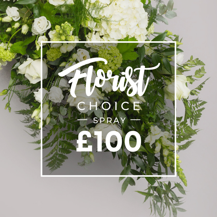 A refined, high-end spray presented as a timeless white and green composition. The largest blooms are the soft white hydrangeas at the top, their rounded clusters lending volume, while classic white roses pepper the arrangement in varying stages of bloom, from tight buds to fully open blossoms. Interspersed, lisianthus-like white bells add architectural lightness, some with a subtle green tint to harmonize with the foliage. Rich greenery-feathery ferns along the bottom and right, bluish-grey eucalyptus, and darker glossy leaves-creates texture, depth, and movement, so the bouquet feels lush yet controlled. The setting is a soft light grey background that lets the white petals glow gently. Across the center a thin white border frames the composition, with Florist Choice written in a graceful script, SPRAY in bold sans serif, and the price ?100 displayed at the bottom. The typography sits with a gentle transparency, letting the greens show through. Seen at the edge of Cranford Park or in the window of a trusted local florist on the High Street, this premium spray speaks of thoughtful design and quiet dignity, well suited to sympathy tributes, elegant gifts, or dignified home decor, with reliable delivery across Cranford and surrounding areas.