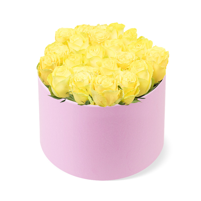 A chic pastel pink flower box brimming with yellow roses sits centred against a clean white background, offering the impression of a carefully crafted gift waiting on the counter of a trusted Cranford florist. The container is a smooth, round cylinder with a matte finish that looks almost velvety to the touch, its soft blush tone adding a gentle, romantic note. Rising from the box is a densely packed bouquet of around two dozen fresh yellow roses, arranged with meticulous care so that the blooms form a rounded, cushion-like dome. Each rose displays spirals of velvety petals, tightly yet gracefully unfurled, with warm, golden-yellow hearts that gradually shift to a lighter, sunlit yellow along the outer edges. The flowers are placed so closely together that they seem to spill slightly over the rim of the hatbox, creating a sense of fullness and generosity. Tiny glimpses of bright green foliage appear between some of the blooms, giving subtle texture and depth without detracting from the dominant yellow palette. The lighting is soft, even, and shadow-free, highlighting every gentle curve of petal and the smooth surface of the pastel box. The overall mood is one of joy, gratitude, and celebration, perfectly suited to birthdays, anniversaries, and congratulations for loved ones living in Cranford or along the nearby Great West Road. This arrangement reflects the contemporary trend for luxury hatbox flowers while still feeling warm and approachable, much like receiving a thoughtful visit and a bouquet from someone who knows exactly what will brighten your day.