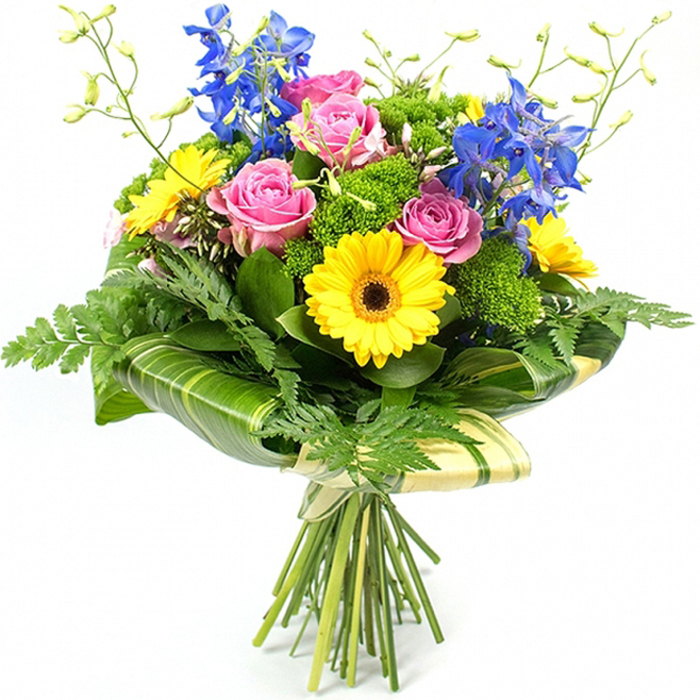 A lush, professionally arranged bouquet is shown standing upright against a bright white background, every bloom clearly defined as though freshly prepared in a Cranford studio. The dominant impression is a graceful balance of warm and cool colours: soft mid-pink roses, bright sunshine-yellow gerbera daisies, and rich blue delphiniums are clustered together in an artful mix. The pink roses, some fully open and others just beginning to unfurl, display layered, silky petals that curl gently at the edges, evoking tenderness and classic romance. Interspersed among them, large yellow gerberas with dark chocolate-brown centres face outward, their broad petals radiating like small suns and bringing an instant feeling of happiness, reminiscent of cheerful front gardens around Cranford. Rising at the back of the bouquet, slender stems of deep blue delphinium-type flowers form vertical columns of tightly spaced blossoms, lending height, elegance, and a cool contrast to the warmer tones below. Enveloping this colourful heart is a generous variety of greenery: delicate, almost lacy fern fronds that extend beyond the main shape; dense tufts of bright green, cushiony filler greens that fill any gaps and create depth; and strong, glossy tropical-style leaves that frame the floral cluster. These broad leaves, some marked with subtle pale stripes, are wrapped around the lower part of the bouquet, crafted into a smooth collar that gives the design a polished, modern finish. Beneath, the natural stems are visible, neatly gathered and tied, suggesting a hand-tied bouquet ready for local delivery. The overall effect is of a garden-inspired, joyful arrangement suited to birthdays, thank-you gifts, or any Cranford celebration where you want colour, freshness, and a sense of carefully considered design.