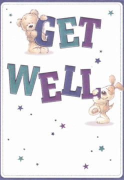 This tender get well card illustration, reminiscent of the gentle energy felt on a stroll through Cranford's village lanes, features a cuddly teddy bear perched atop the bold 'GET,' with a lively puppy nestled closely beneath the word 'WELL.' Their expressive faces radiate soft encouragement and optimism-the type of warmth you sense in the close-knit corners of Cranford. The text pops vibrantly in hues of rich purple and teal, much like the resilient flora that brighten up gardens along Cranford's riverside. Golden and violet stars scatter across the crisp white canvas, each twinkle evoking wishes sent with love and hope. The composition echoes the care that Cranford Flowers brings to arranging bouquets for someone's recovery: every detail purposefully chosen to illuminate a difficult moment. The image radiates cleanliness, clarity, and gentle support, with comforting textures and round, inviting shapes that speak directly to those in need of cheer. It's as if you could almost reach out and touch the scene, feeling both the plushness of their fur and the emotional uplift that only a heartfelt local gesture can provide.