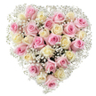 A beautifully formed heart-shaped bouquet, crafted by local florists in Cranford, features around thirty-five roses in lush shades of blush pink and creamy ivory, skillfully interlaced with airy sprays of white baby's breath. The tightly packed roses vary from gently furled buds to blossoms in full bloom, revealing intricate layers of velvety petals that catch the soft, even light-the pinks gentle and warm, the creams rich with subtle hints of yellow. Wisps of baby's breath delicately weave between the blooms, adding an ethereal, feathery softness that lightens the entire arrangement. Every flower is placed with thoughtful care, resulting in a heart that overflows with tenderness and grace. The bouquet rests on a spotless white background, which highlights the freshness and purity of the design. In Cranford, such a tribute is cherished for funerals and memorials, while also making a meaningful gift for special days commemorating love and appreciation. The emotional resonance inspires comfort and remembrance, echoing the gentle beauty found by the River Crane or within the neighbourhood's peaceful gardens, and serves as a heartfelt expression of deep sentiment from Cranford Flowers.